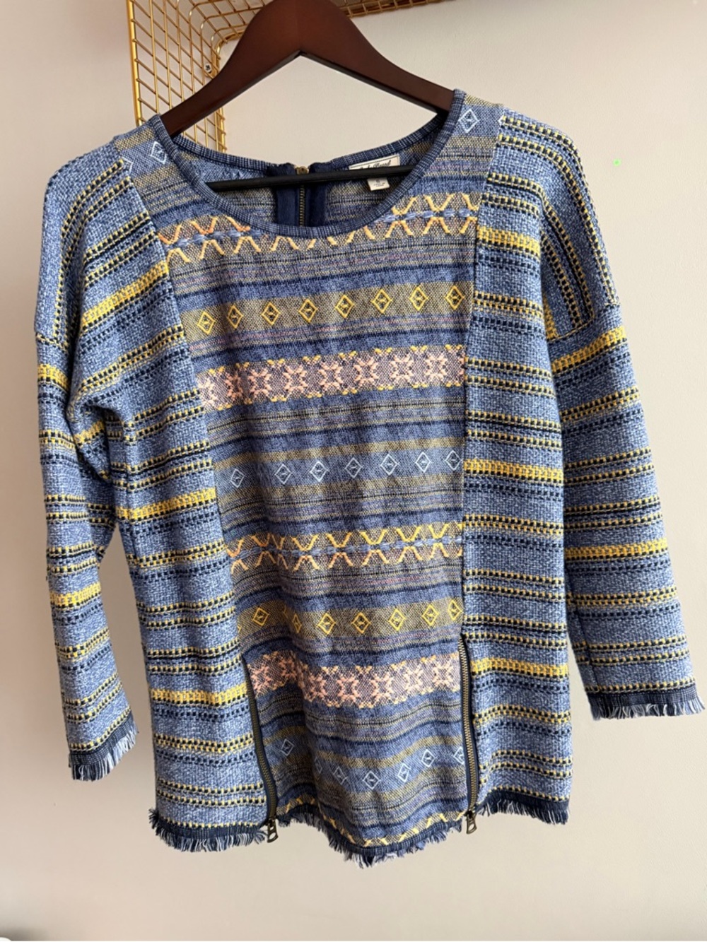 Lucky Brand Boho Knit Top – Blue Pattern, Fringe Hem, Zip Detail
